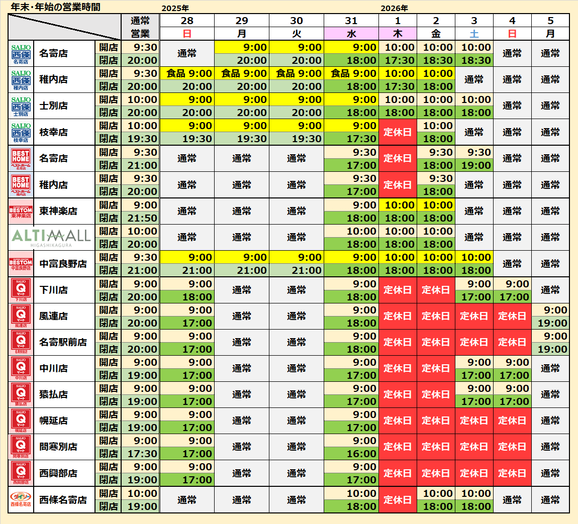 年末・年始の営業時間